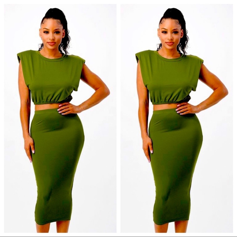 NEW WOMEN’S TRENDY OLIVE 2 PIECE CROP TOP SHOULDER PAD SHIRT MIDI CALF SKIRT SET